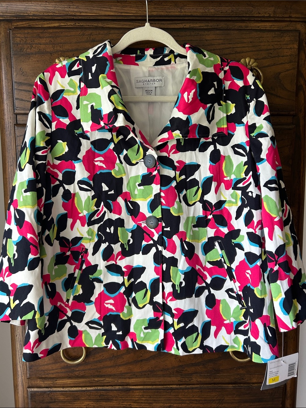 Sag Harbor NWT Pink Black Green White Floral Button-Front Stretch Jacket, Size M